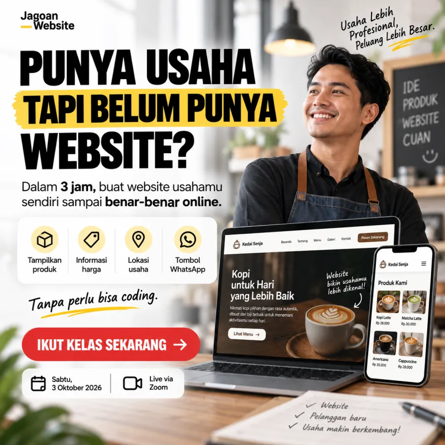 Poster iklan: dalam 3 jam buat website usahamu sendiri