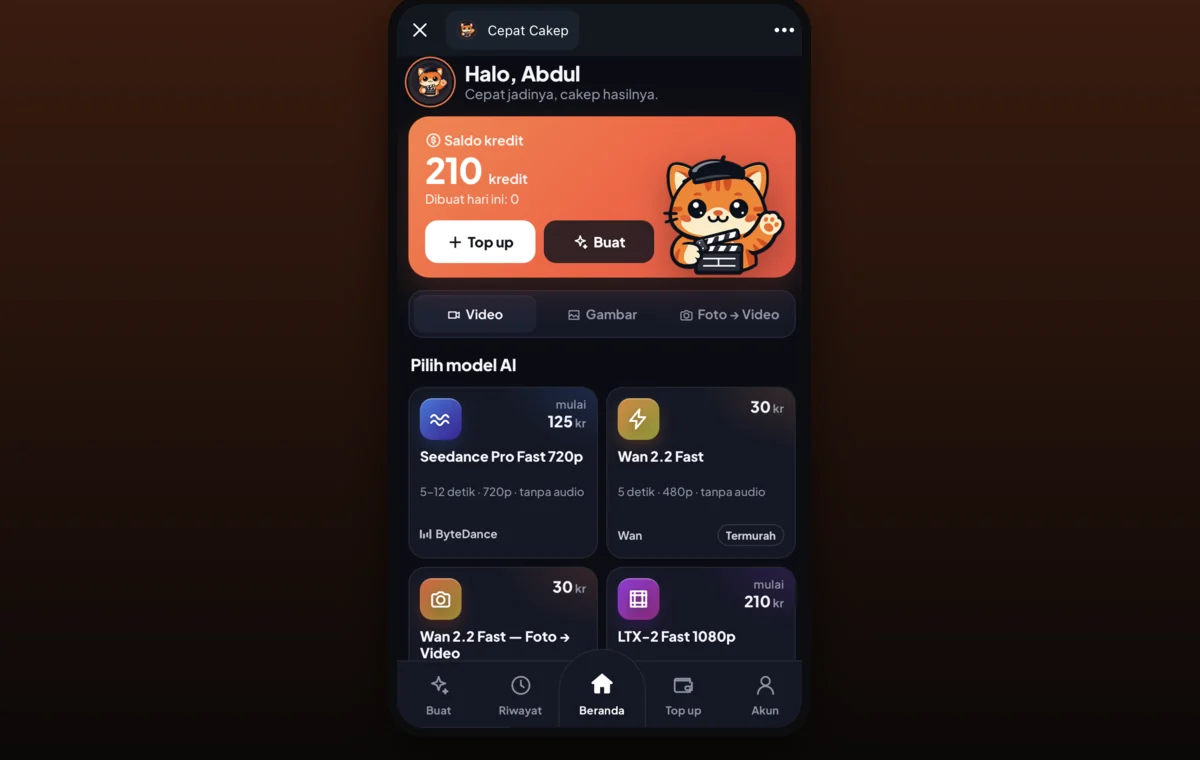 Layar aplikasi Cepat Cakep: saldo kredit dan pilihan model AI