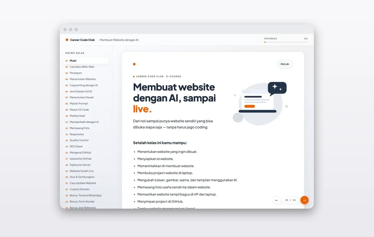Mockup e-course membuat website dengan AI