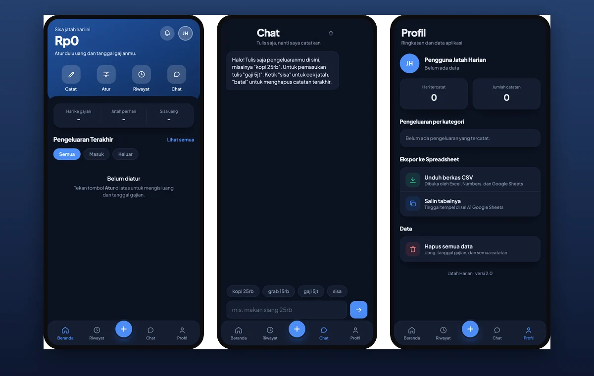 Tiga layar aplikasi Jatah Harian: beranda, chat, dan profil