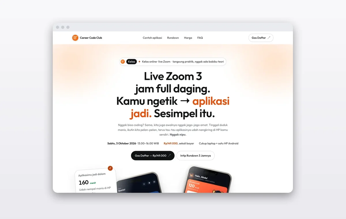 Mockup landing page kelas versi Zoom